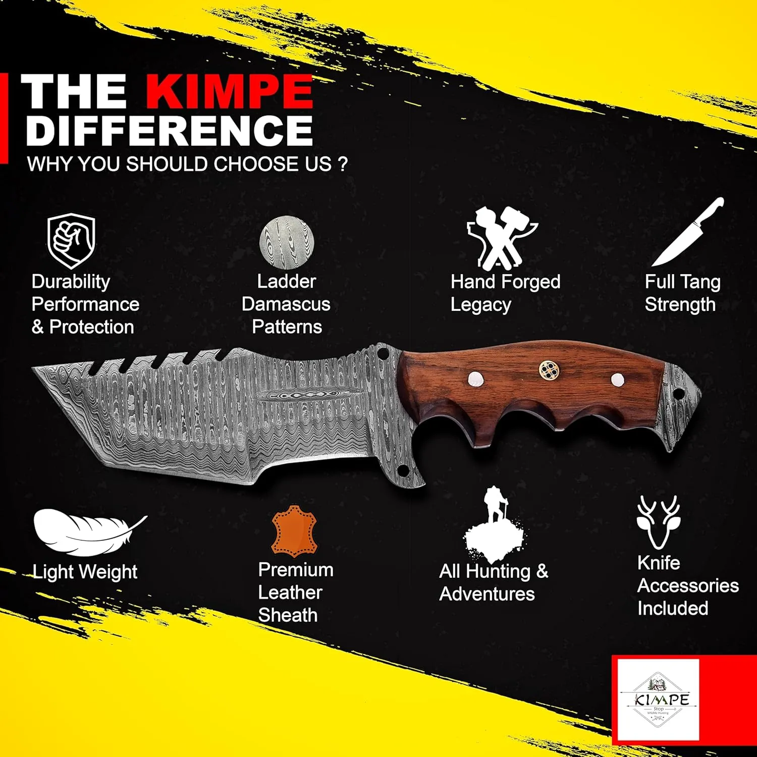 KIMPE 10.5’’ Damascus Hunting Knife with Leather Sheath-Fixed Blade EDC Knife-Bushcraft Knives-Wood Handle-Best Camping Knife & Survival Knife-Knives for Men. (Walnut Wood)
