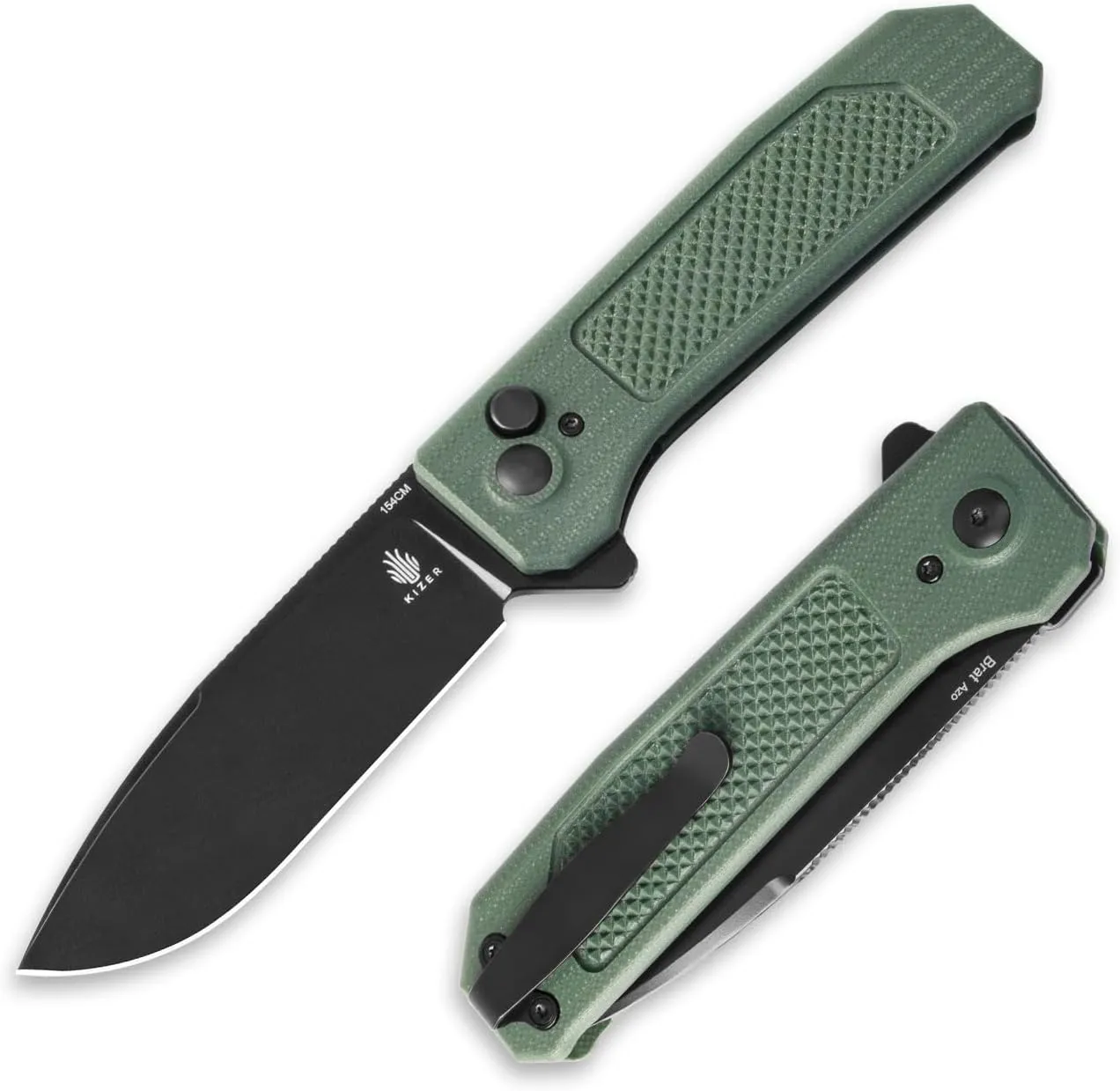 Kizer Brat Pocket Knife, 154CM Steel Blade Folding Knife, G10 Handle EDC Knife for Men with Flipper Opener, Button Lock Knife for Camping Hunting V3630C2, Green