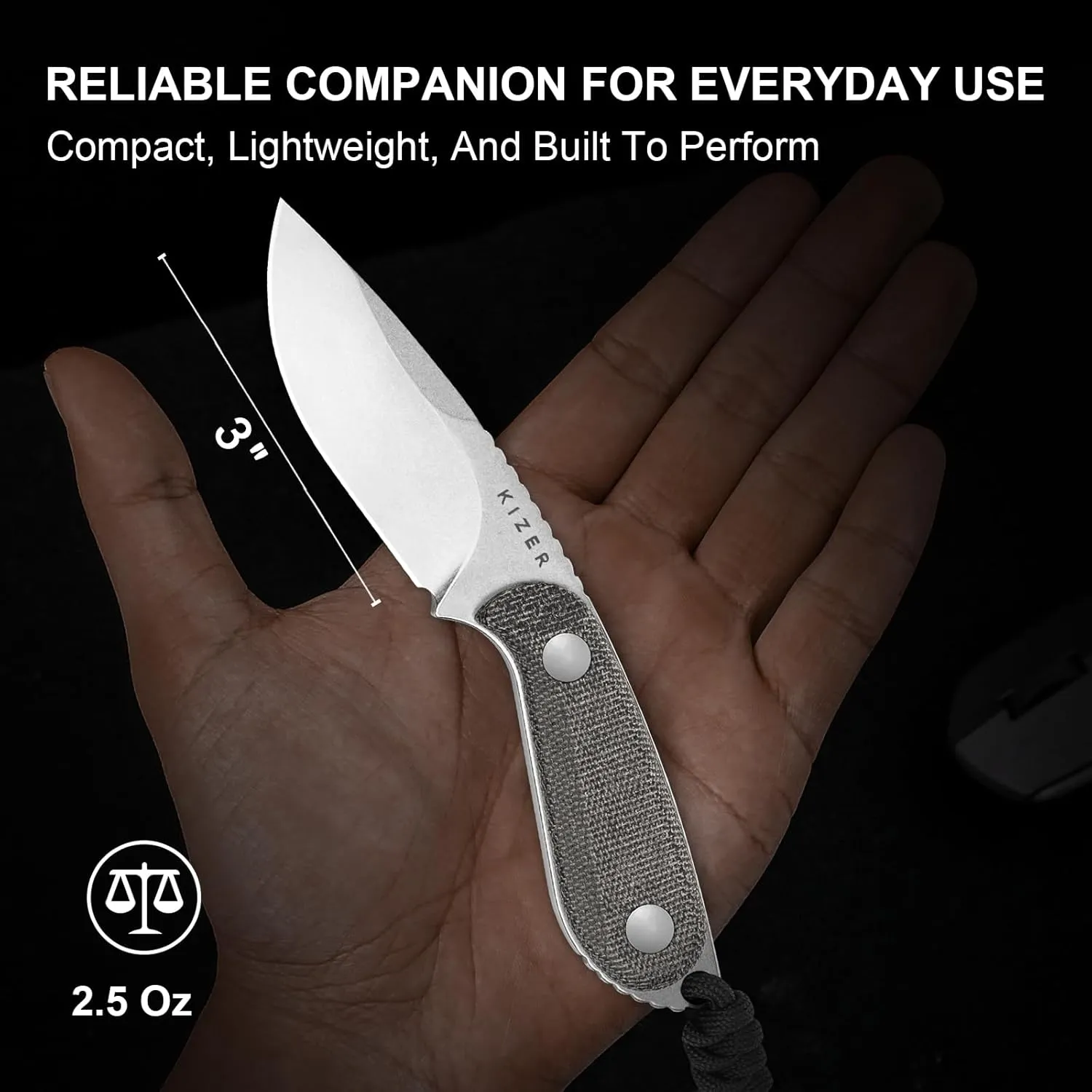 Kizer BUDDY Fixed Blade EDC Knife, 3" 14C28N Steel Camping Knife with Black Micarta Handle, Comfortable Everyday Carry Hunting Knives with Kydex Sheath for Outdoor Hiking & Survival Activities 1081A8