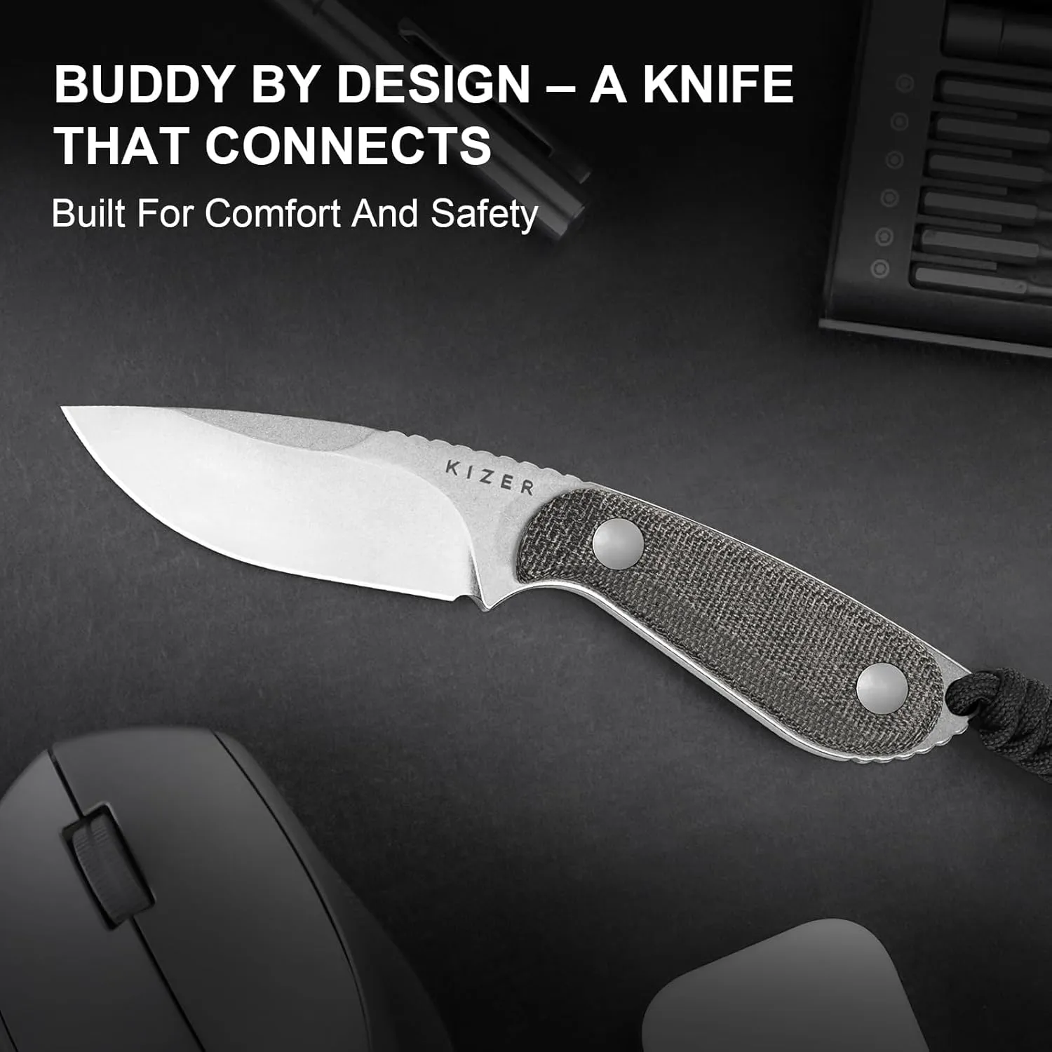 Kizer BUDDY Fixed Blade EDC Knife, 3" 14C28N Steel Camping Knife with Black Micarta Handle, Comfortable Everyday Carry Hunting Knives with Kydex Sheath for Outdoor Hiking & Survival Activities 1081A8
