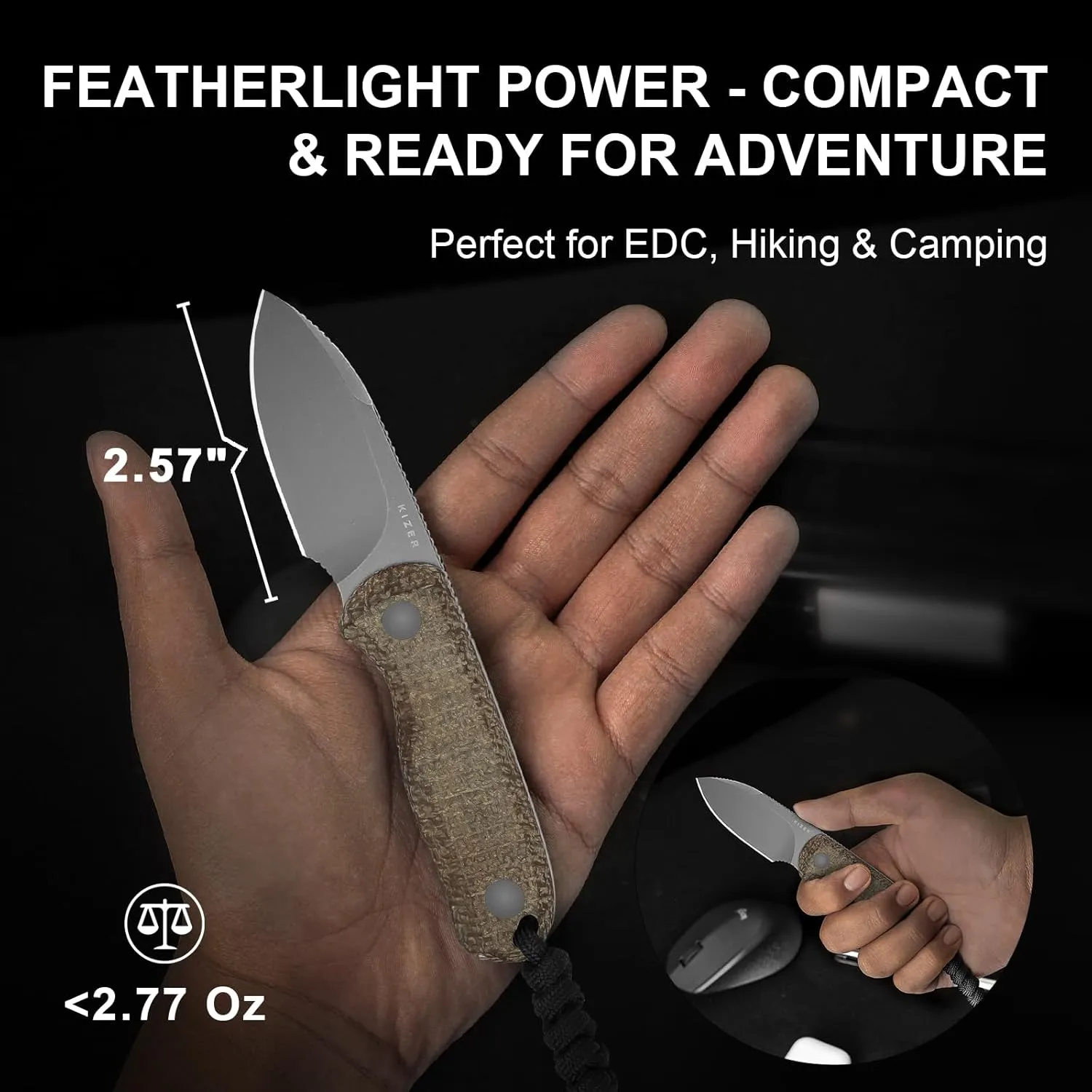 Kizer Drop Bear Fixed Blade Knife, 2.57" Gray Stonewash 14C28N Blade EDC Camping Knife with Brown Burlap Micarta Handle & Hidden Tools, Full Tang Hunting Knives with Adjustable Kydex Sheath, 1094A1