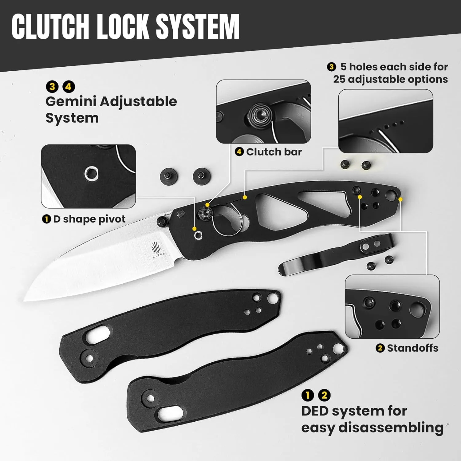 Kizer Exist Pocket Knife, 2.78" 154CM Drop Point Blade EDC Folding Knife with Innovative Clutch Lock, Black Aluminum Handle Small Hunting Camping Knives with Thumb Stud Opener for Men Women, V3681C1