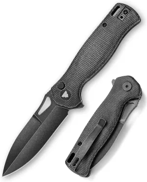 Knives - Crateris-04B Folding Flipper Knife & Pocket Clip，Button Lock Knife for Men，3.38" Sandvik 14C28N Steel Blade，Micarta Scales for EDC Camping Outdoor Tool (Black)