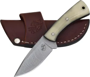 Knives Ranch Fixed Blade Hunting Knife - Full Tang EDC Damascus Skinning Blade - Bone Handle With Heavy Duty Horizontal Carry Sheath Snug Fit (4402-B)