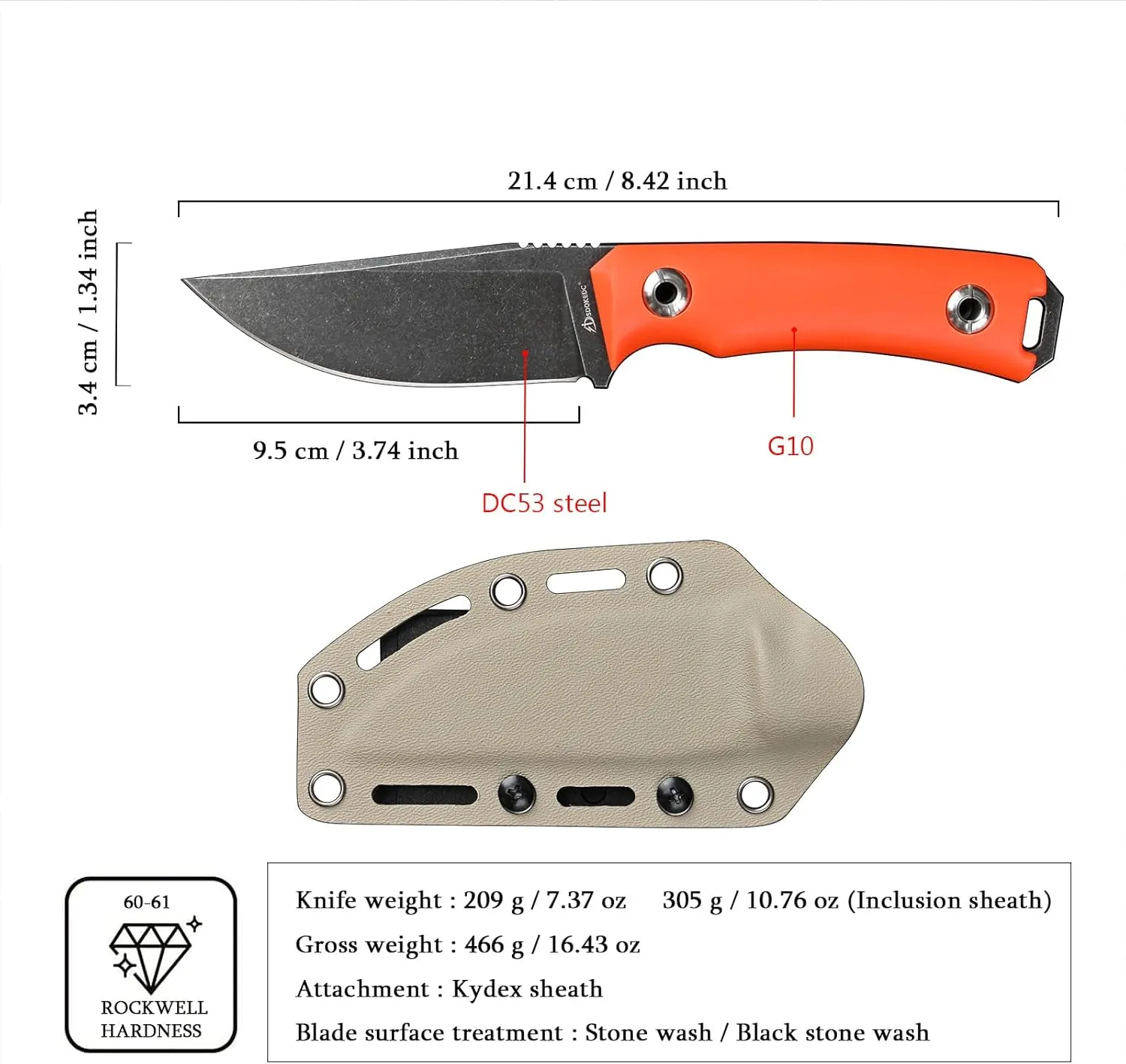 Knives Tactical Fixed Blade Knife Survival Knife with Sheath Made of DC53 Steel Perfect EDC Hunting Knife with G10 Handle for Men EDC Camping Outdoor (Black Orange)