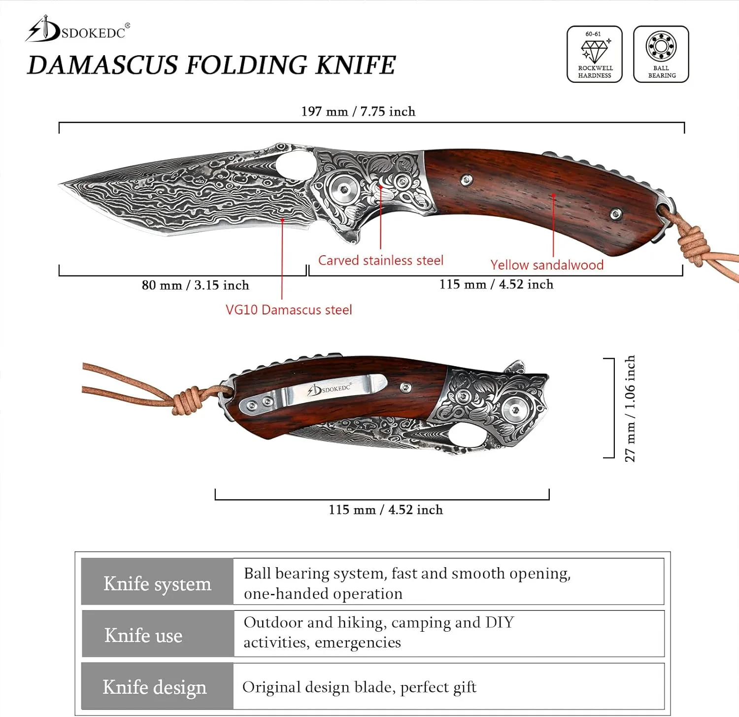 Knives VG10 Damascus Pocket Knife for Men,Flipper tactical self defense Folding Knife for Camping,Survival,Hunting, Fishing and EDC (SD616A)