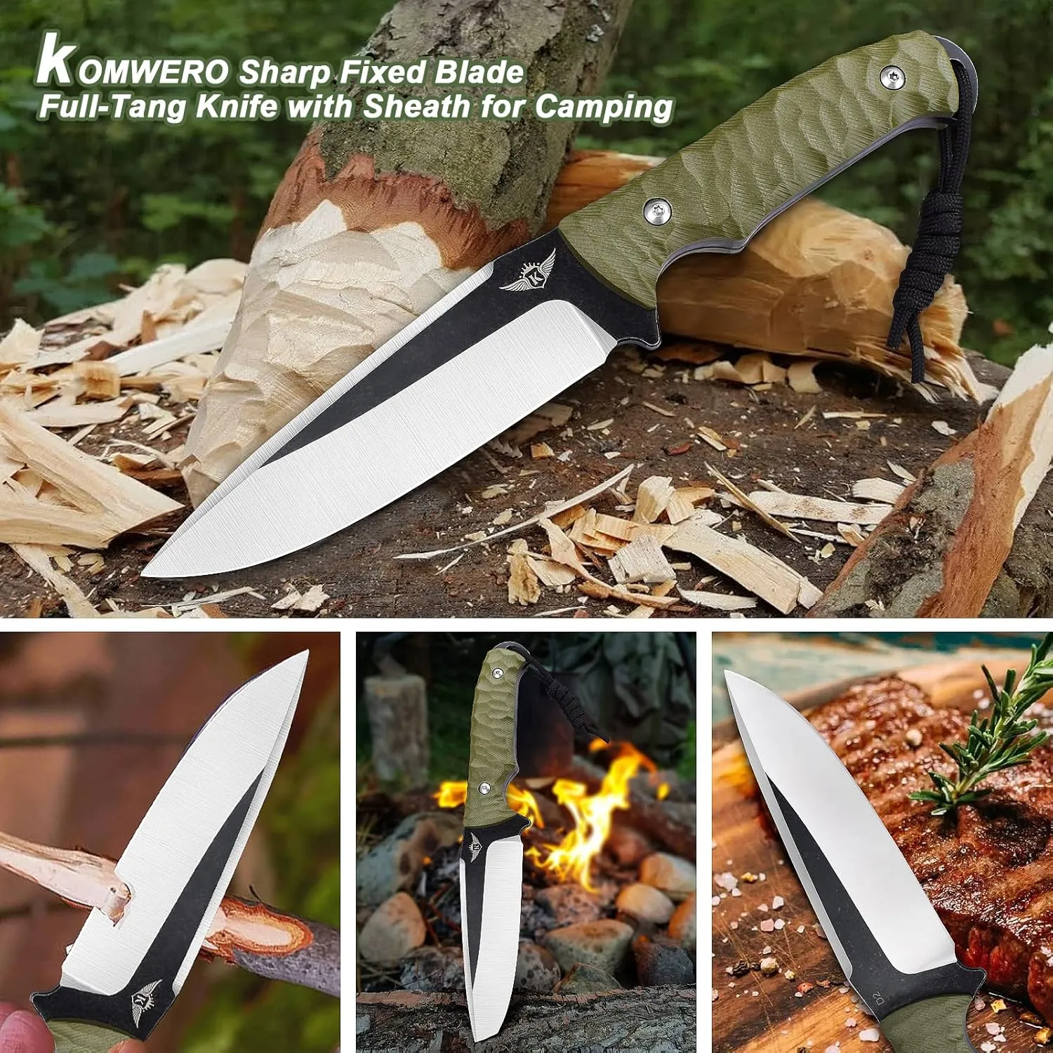 KOMWERO Fixed Blade Knife with Kydex Sheath, 4.52" Blade D2 Steel, Full Tang Knife with Green G10 Handle, Outdoor Hunting Camping Knife for Survival Hiking Bushcraft Fishing