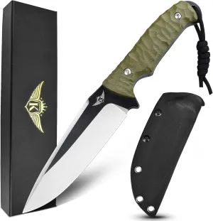 KOMWERO Fixed Blade Knife with Kydex Sheath, 4.52" Blade D2 Steel, Full Tang Knife with Green G10 Handle, Outdoor Hunting Camping Knife for Survival Hiking Bushcraft Fishing