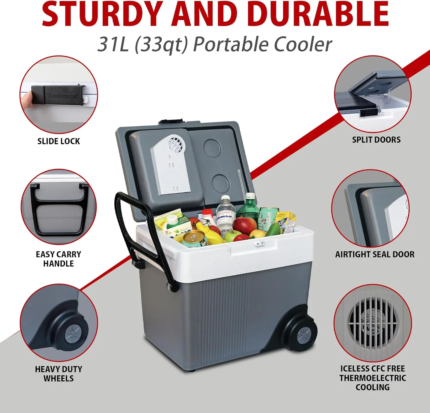 Koolatron Portable Cooler - Electric Cooler for Car, Camping, Travel, 12 V Insulated Hard Sided Refrigerator for Vehicle, Boat, Truck, No Ice Cooling, Cools Drinks,Food for Road Trip, 33 qt