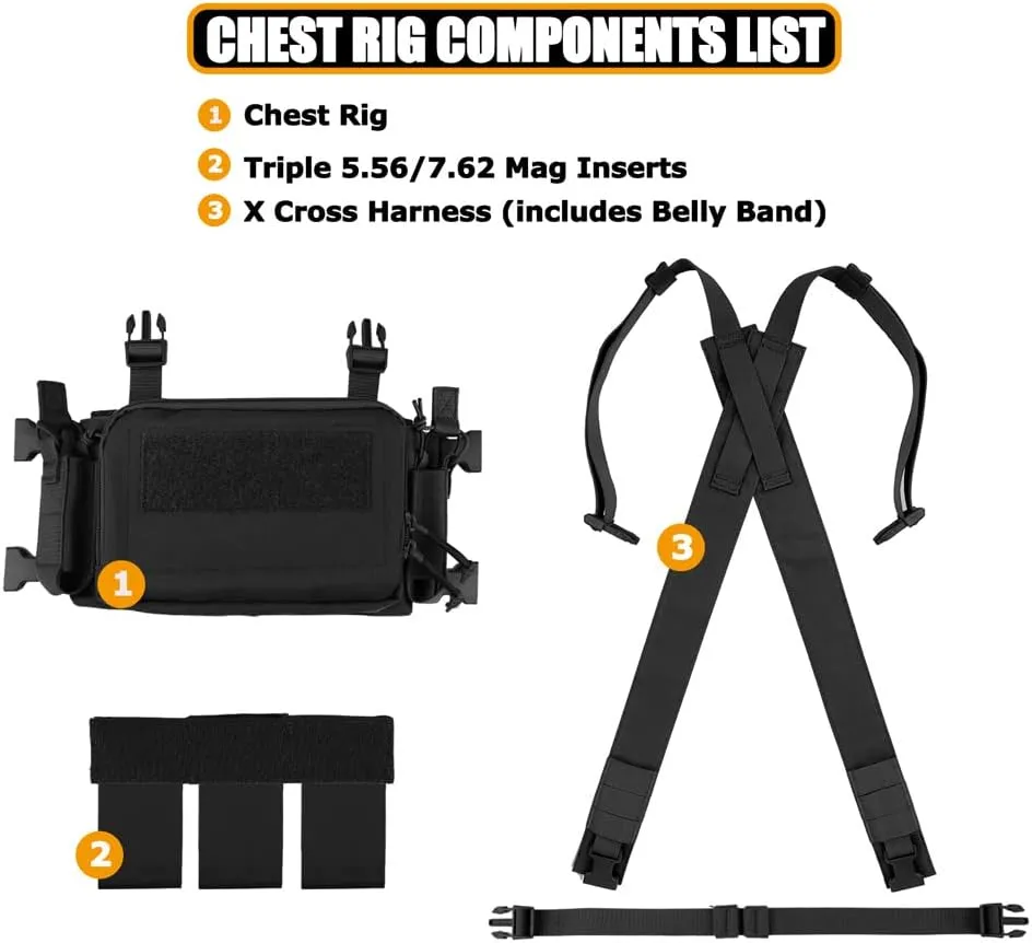 KRYDEX Tactical Chest Rig with Triple 5.56/7.62 Mag Pouch Insert 9mm Mag Pouches and X Harness