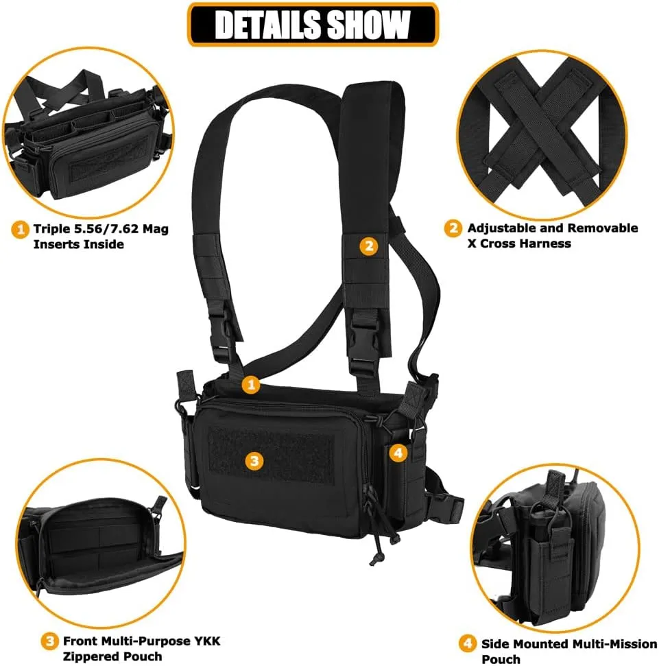 KRYDEX Tactical Chest Rig with Triple 5.56/7.62 Mag Pouch Insert 9mm Mag Pouches and X Harness