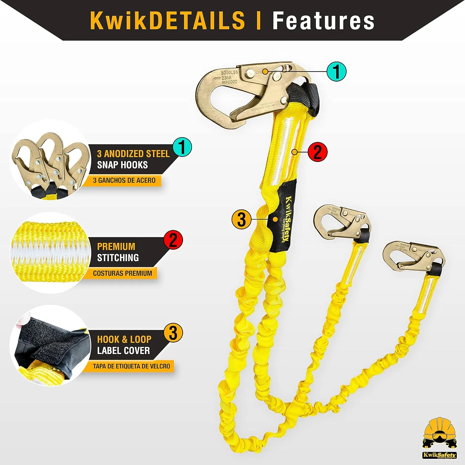 KwikSafety - Charlotte, NC - Double Leg Rattler [1 Pack] Y-Leg Tubular 6’ Safety Lanyard Internal Shock Absorber OSHA ANSI Fall Arrest Protection Equipment Construction PPE Roofing Gear