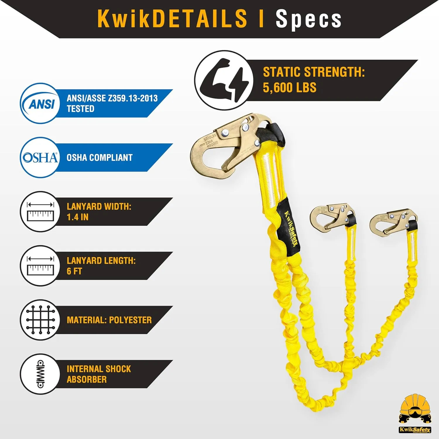 KwikSafety - Charlotte, NC - Double Leg Rattler [1 Pack] Y-Leg Tubular 6’ Safety Lanyard Internal Shock Absorber OSHA ANSI Fall Arrest Protection Equipment Construction PPE Roofing Gear