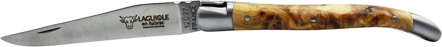 Laguiole en Aubrac Handmade Luxury Folding Pocket Knife, 3.5-in (9cm). Juniper Wood Handle, Hand Forged Bee, Stainless Steel Matte Bolsters