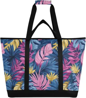 Large Soft Sided Cooler Bag for Hot/Cold Food Collapsible Leak Proof Insulated Bag with Handles for Shopping Food Travel Beach Camping Tropical Style Palm Tree Leaves Pink and Blue
