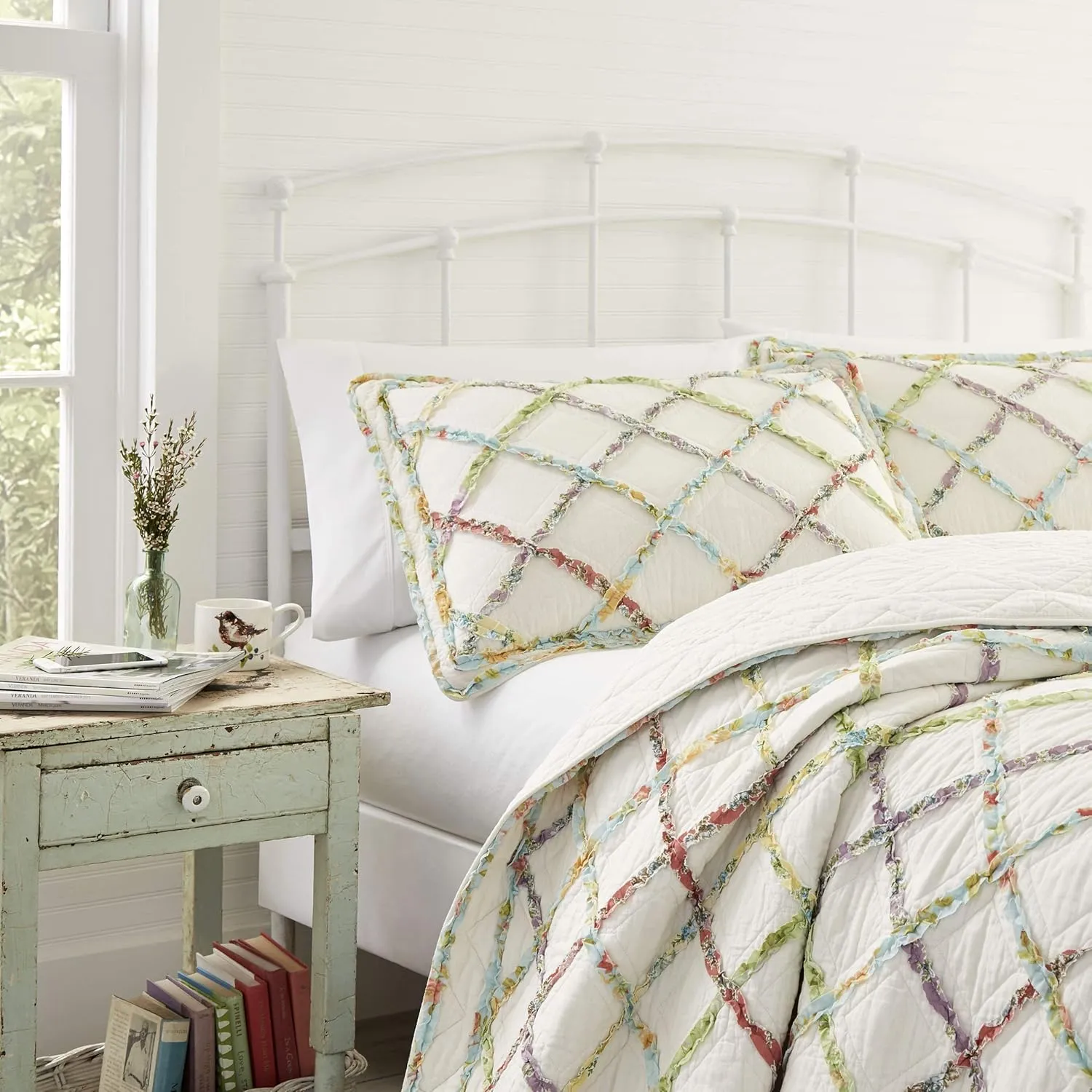 Laura Ashley - Twin Quilt, Reversible Cotton Bedding, Lightweight Home Decor for All Seasons (Ruffle Garden Cream, Twin)