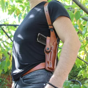 Leather Vertical Shoulder Holster System with Double Magazine Carrier for Sigg P320-XTEN 10mm 5" Barrel, Right Hand Draw, Brown Color #1651#