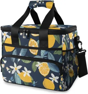 Lemon Fruits Lemon Flower Cooler Bag Insulated Cooler Soft Sided Cooler 24 Can Portable Picnic Bag Large Leakproof Lunch Bag Box for Beach Grocery Camping Travel Car Men Women