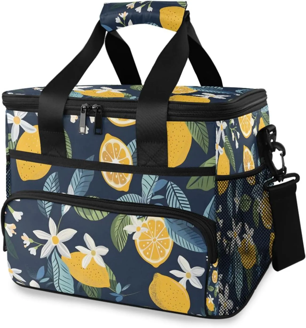 Lemon Fruits Lemon Flower Cooler Bag Insulated Cooler Soft Sided Cooler 24 Can Portable Picnic Bag Large Leakproof Lunch Bag Box for Beach Grocery Camping Travel Car Men Women