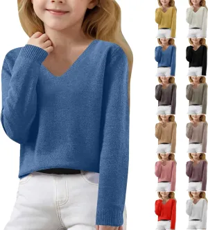 Lightweight Sweaters for Girls Cute v Neck Soft Knit Pullovers Teens Casual Loose Spring Long Sleeve Tops 6-15 Years