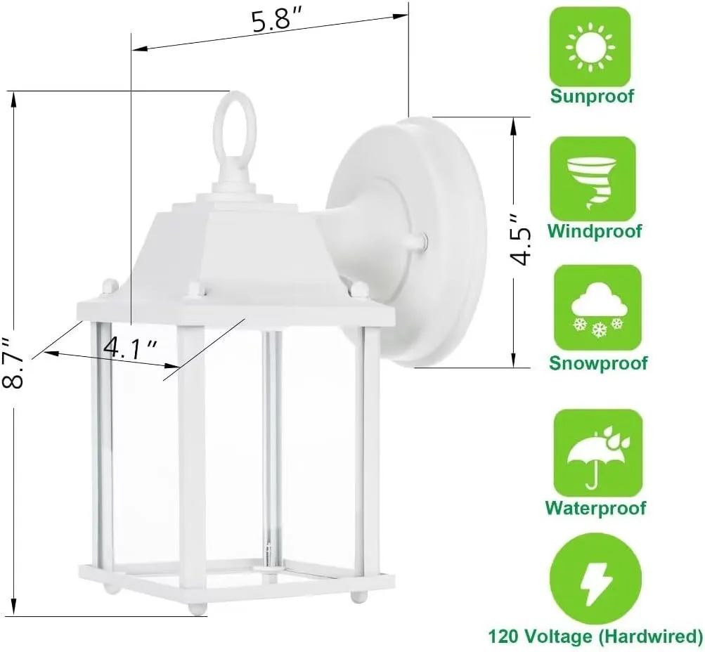 LIT-PaTH Outdoor LED Wall Lantern, Wall Sconce as Porch Light, 9.5W 800 Lumen, Aluminum Housing Plus Glass, 3000k-Matte White Finish, 2-Pack