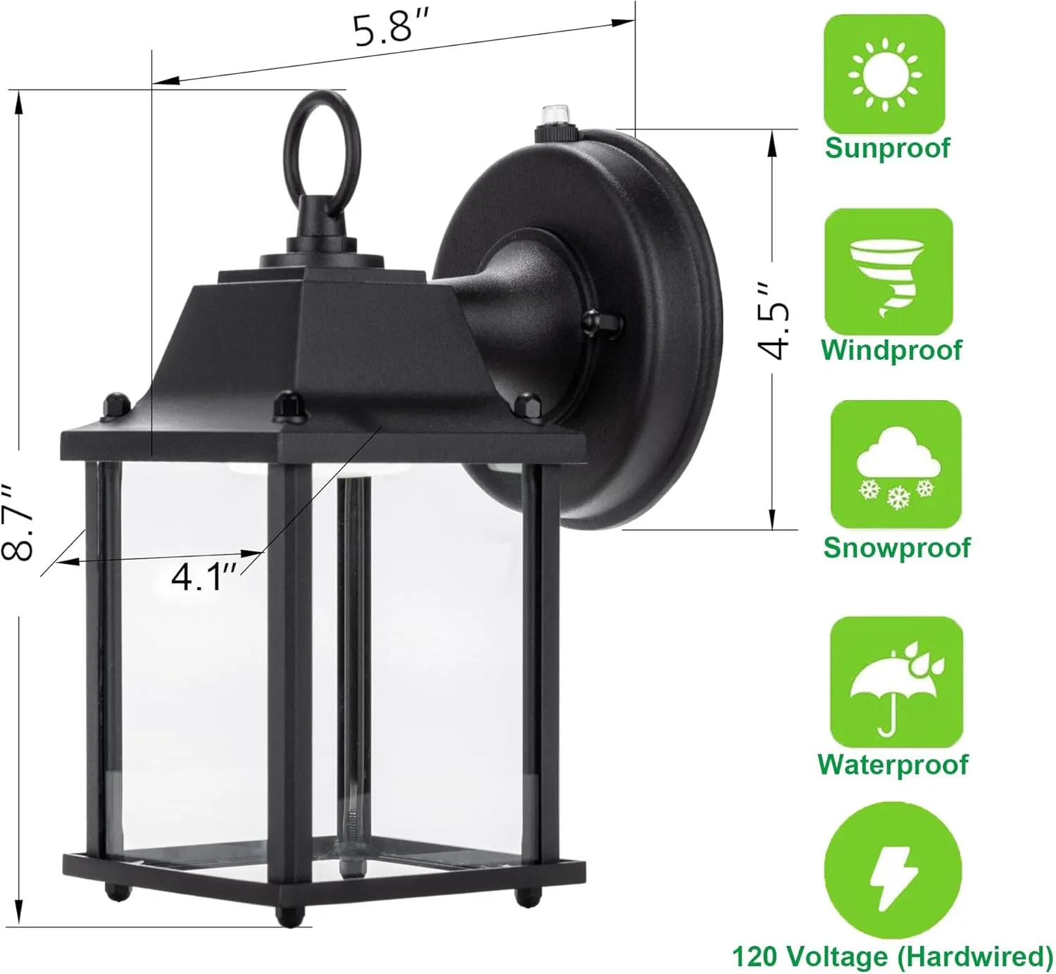 LIT-PaTH Small Outdoor LED Wall Lantern with Dusk to Dawn Photocell, 3000K Warm White, 9.5W, 800 Lumen, Aluminum Housing Plus Glass, Outdoor Rated, 1-Pack, Black