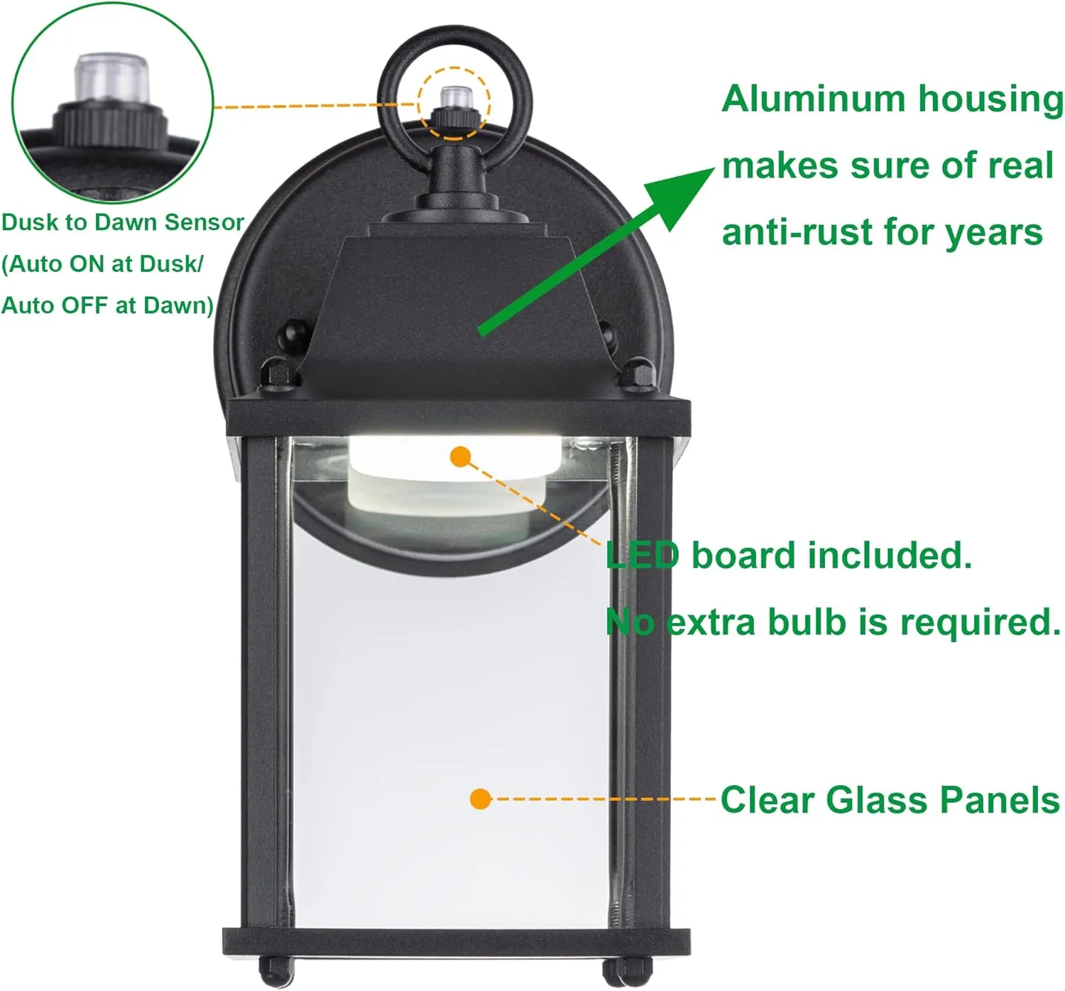 LIT-PaTH Small Outdoor LED Wall Lantern with Dusk to Dawn Photocell, 3000K Warm White, 9.5W, 800 Lumen, Aluminum Housing Plus Glass, Outdoor Rated, 1-Pack, Black