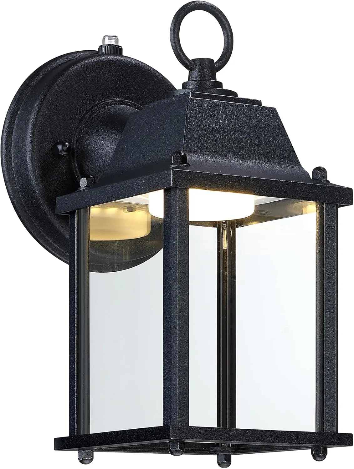 LIT-PaTH Small Outdoor LED Wall Lantern with Dusk to Dawn Photocell, 3000K Warm White, 9.5W, 800 Lumen, Aluminum Housing Plus Glass, Outdoor Rated, 1-Pack, Black
