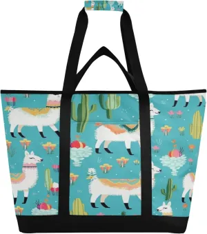 Llama Reusable Insulated Cooler Bag with Ice Pack Compartment - Large 47L Waterproof Thermal Grocery Tote for Picnic Beach Camping Lunch Storage