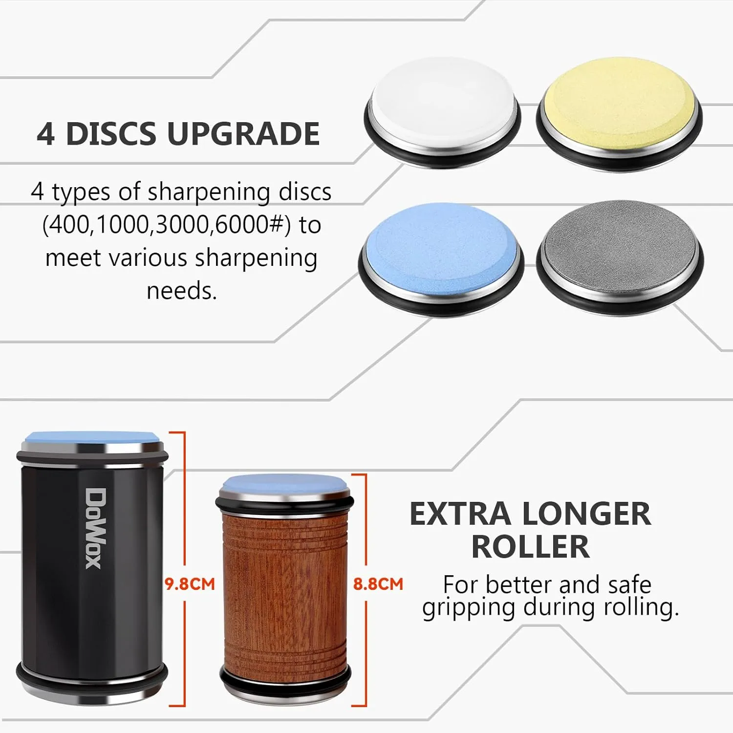 Longer Rolling Knife Sharpener with Leather Strop, Upgraded Rolling Knife Sharpening with 4 Degree Angle and 4PCS Replaceable Honing Discs, Easy to Sharpen Ktichen Knives, Black