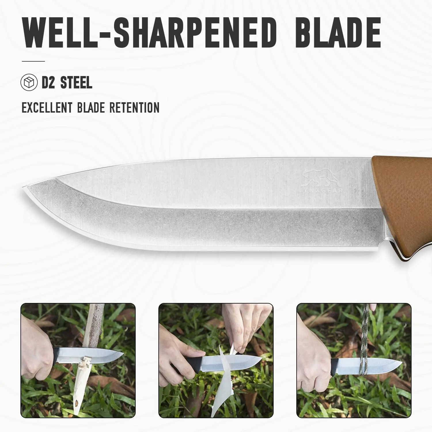 LYNXGEAR Fixed Blade Knife with Sheath, 8.6" Full Tang Knife with D2 Steel Blade & Brown G10 Handle for Camping, EDC, Hunting, Bushcraft (Brown)