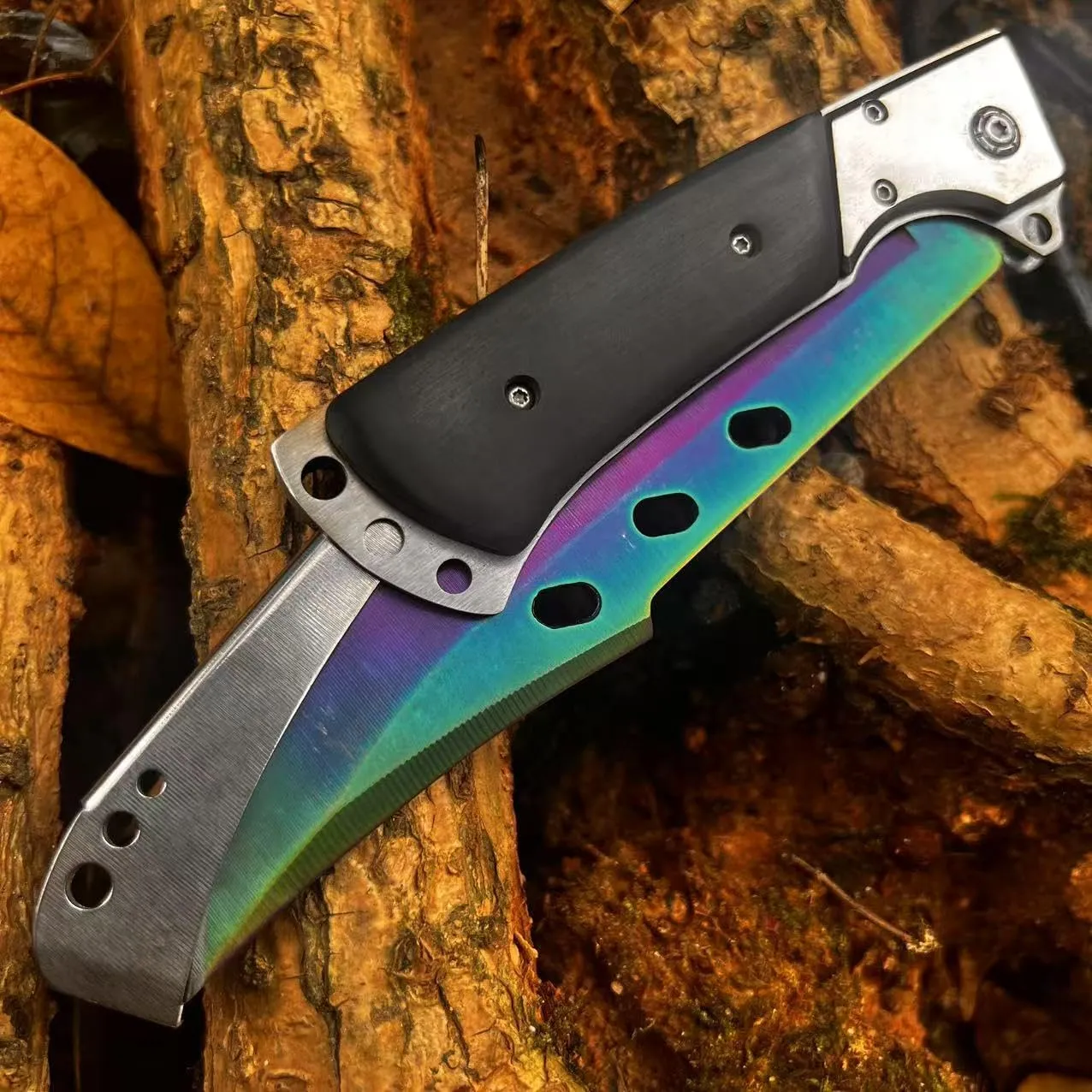 MADSABRE 12.7" Large Folding Knife Tactical Knives with Ebony Handle and Sheath - 7.2" Long Blade Big Pocket Knife for Men for EDC Survival Hunting Camping Hiking Tools (Rainbow)