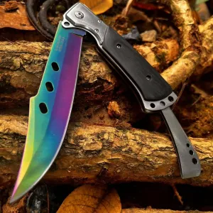 MADSABRE 12.7" Large Folding Knife Tactical Knives with Ebony Handle and Sheath - 7.2" Long Blade Big Pocket Knife for Men for EDC Survival Hunting Camping Hiking Tools (Rainbow)