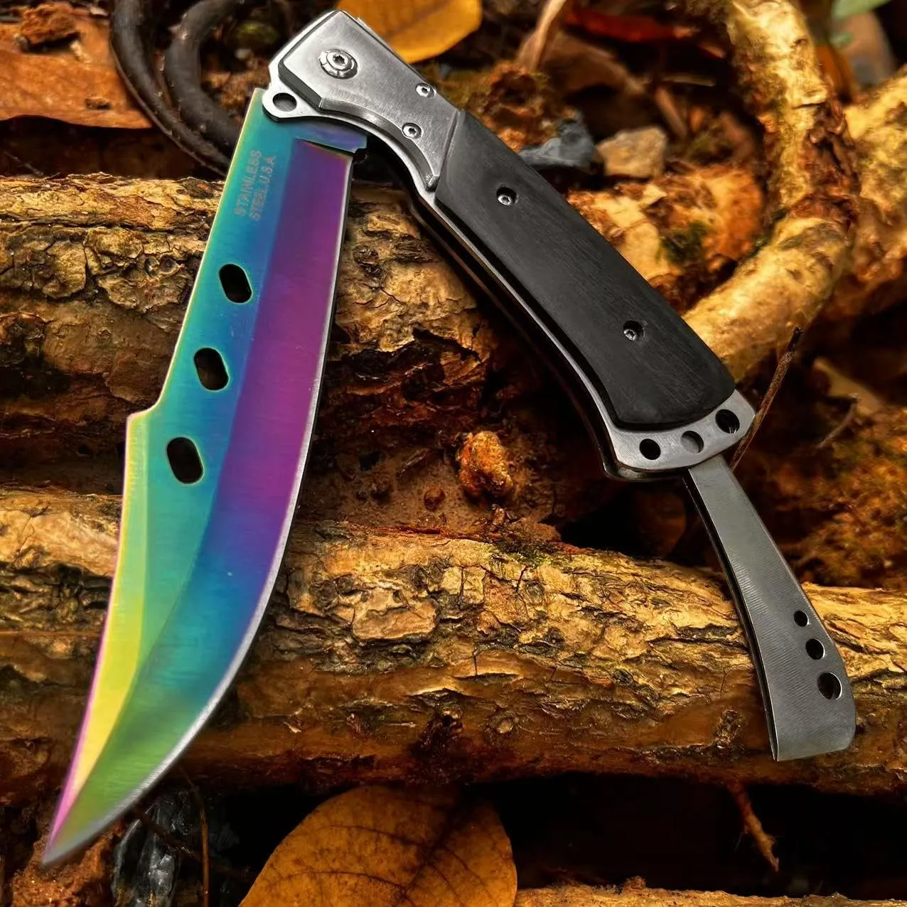 MADSABRE 12.7" Large Folding Knife Tactical Knives with Ebony Handle and Sheath - 7.2" Long Blade Big Pocket Knife for Men for EDC Survival Hunting Camping Hiking Tools (Rainbow)
