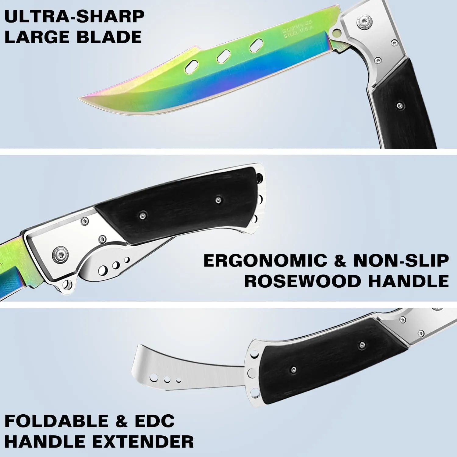 MADSABRE 12.7" Large Folding Knife Tactical Knives with Ebony Handle and Sheath - 7.2" Long Blade Big Pocket Knife for Men for EDC Survival Hunting Camping Hiking Tools (Rainbow)
