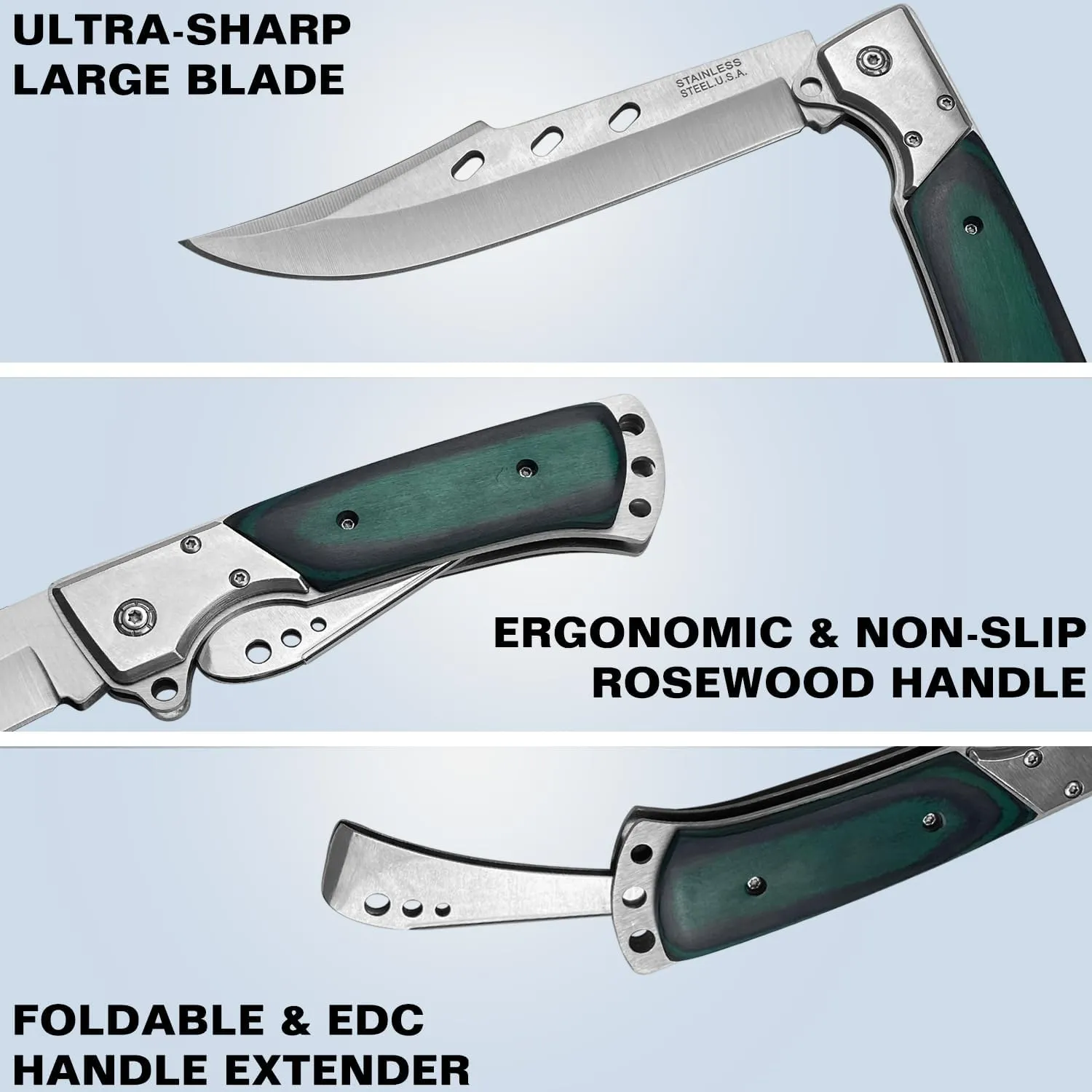 MADSABRE 12.7" Large Folding Knife Tactical Knives with Rosewood Handle and Sheath - 7.2" Long Blade Big Pocket Knife for Men for EDC Survival Hunting Camping Hiking Tools