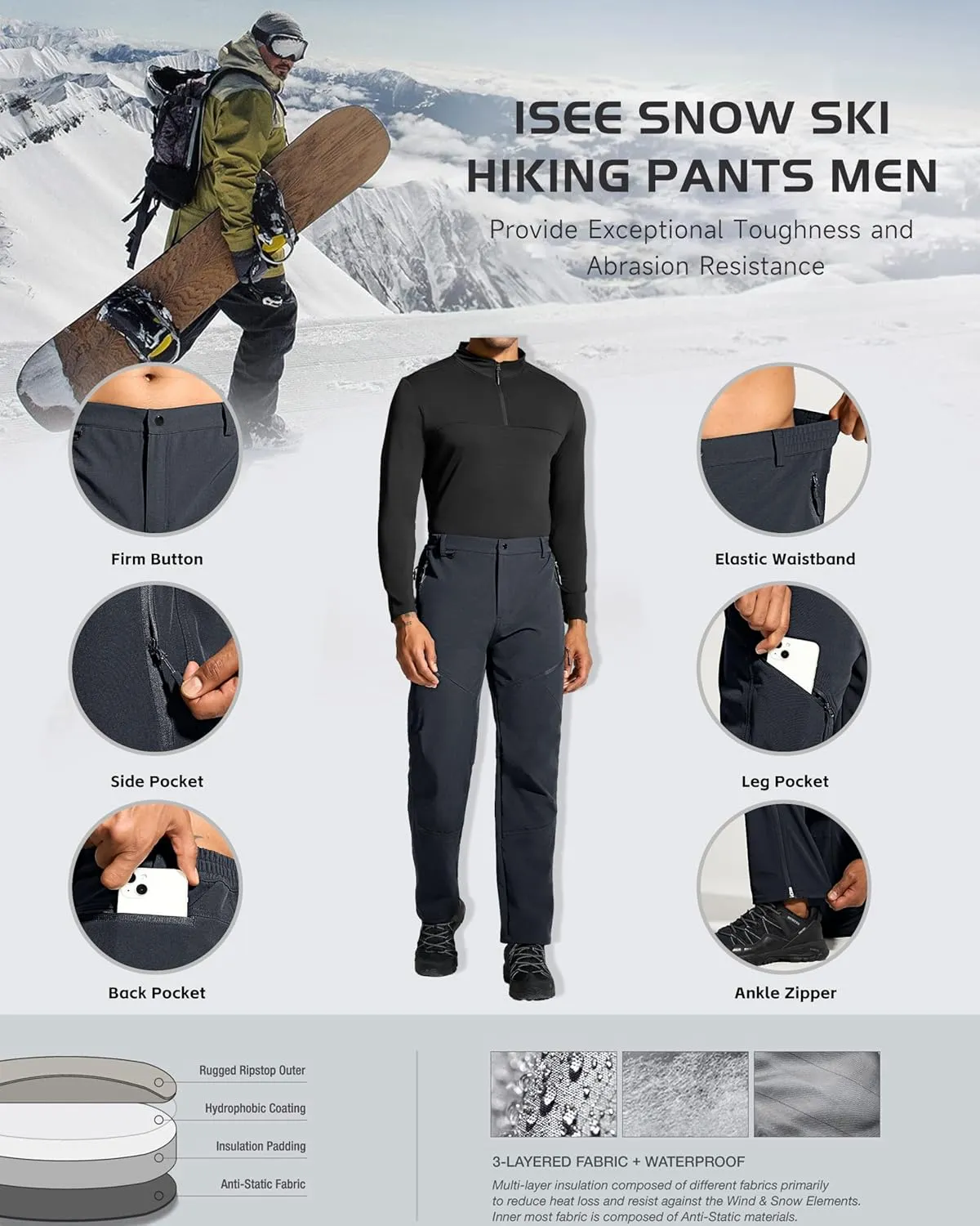 Mens Snow Ski Hiking Pants Winter Fleece Lined Outdoor Waterproof Insulated Zipper Bottom Leg