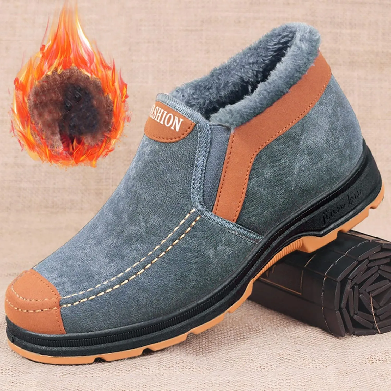 Men's Suede Ankle Boots Classic Slip On Furry Boots Fleece Lined Warm Winter Boots Comfort Mens Wading Boots Size 12