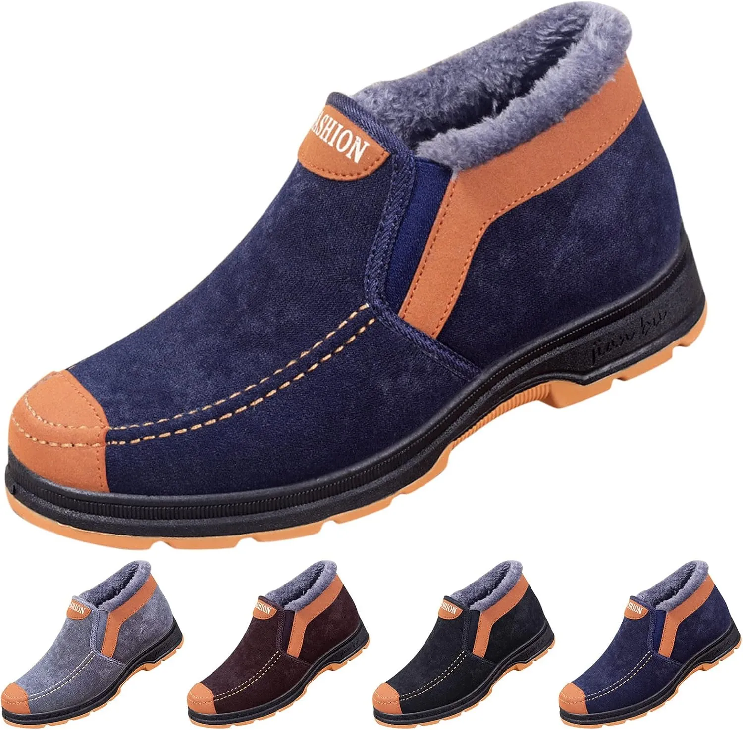 Men's Suede Ankle Boots Classic Slip On Furry Boots Fleece Lined Warm Winter Boots Non Slip Men's Insulated Rain Boots