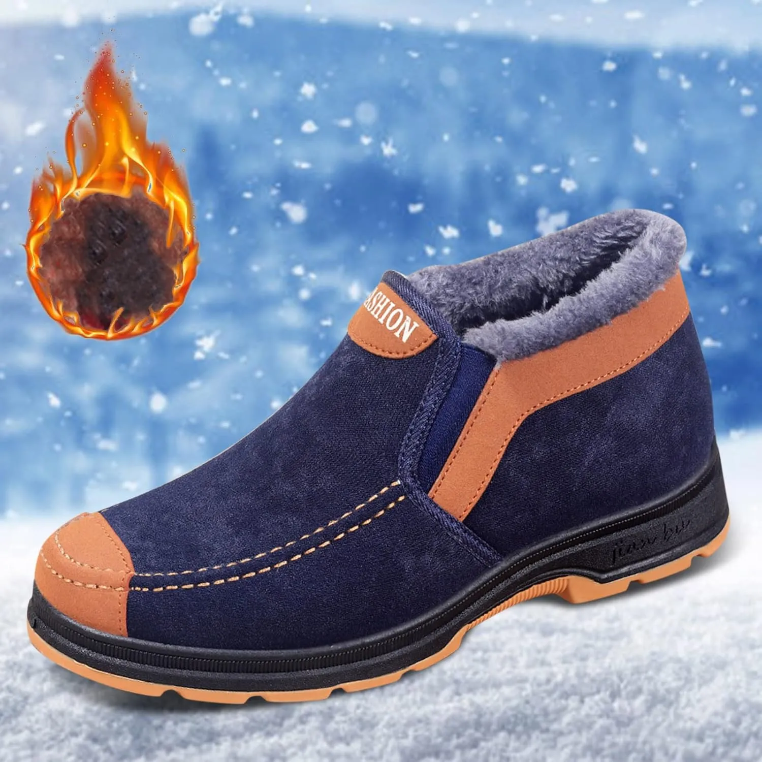 Men's Suede Ankle Boots Classic Slip On Furry Boots Fleece Lined Warm Winter Boots Non Slip Men's Insulated Rain Boots