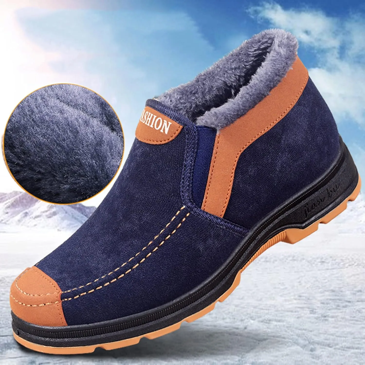 Men's Suede Ankle Boots Classic Slip On Furry Boots Fleece Lined Warm Winter Boots Non Slip Men's Insulated Rain Boots