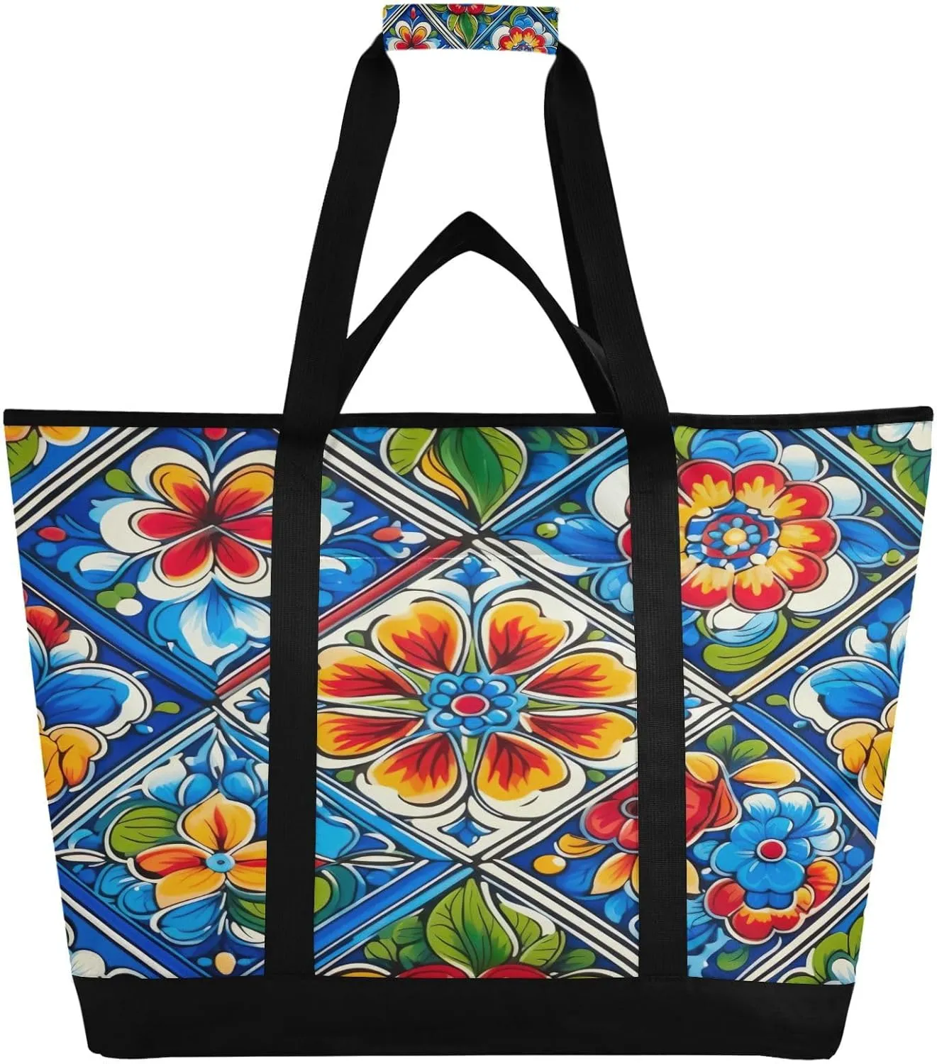 Mexican Ceramic Tile Reusable Insulated Lunchbox Cooler Bag, Leakproof Kitchen Grocery Bag Collapsible Portable Cooler Tote Bag for Picnic, Camping, Office, Travel