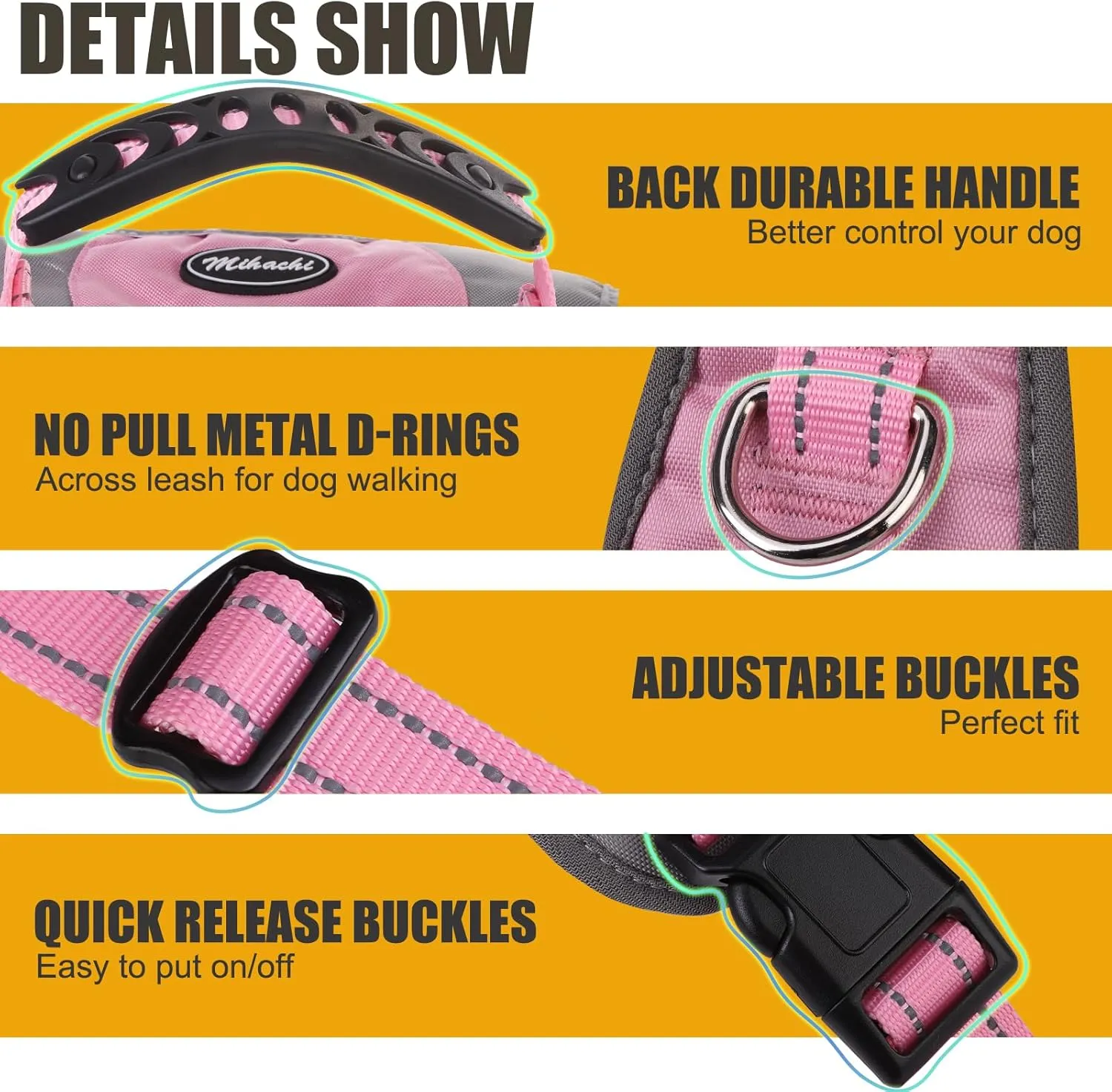 Mihachi Dog Harness for Medium Dogs, Escape Proof No Pull Service Vest with Reflective Strips and Control Handle, Adjustable and Cozy for Easy Walking, No Choke Pet Harness with 2 Metal Rings, Pink M