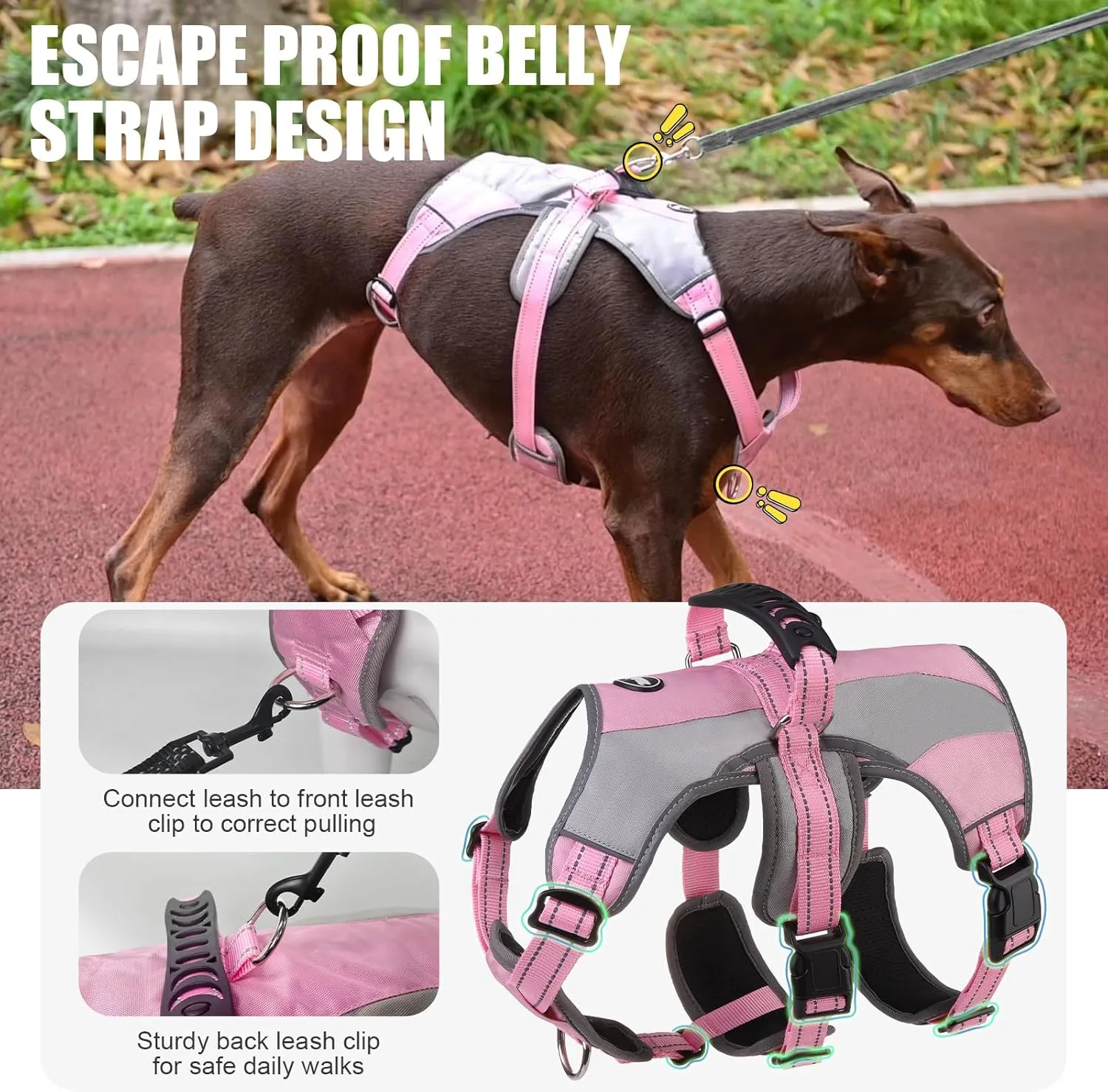 Mihachi Dog Harness for Medium Dogs, Escape Proof No Pull Service Vest with Reflective Strips and Control Handle, Adjustable and Cozy for Easy Walking, No Choke Pet Harness with 2 Metal Rings, Pink M
