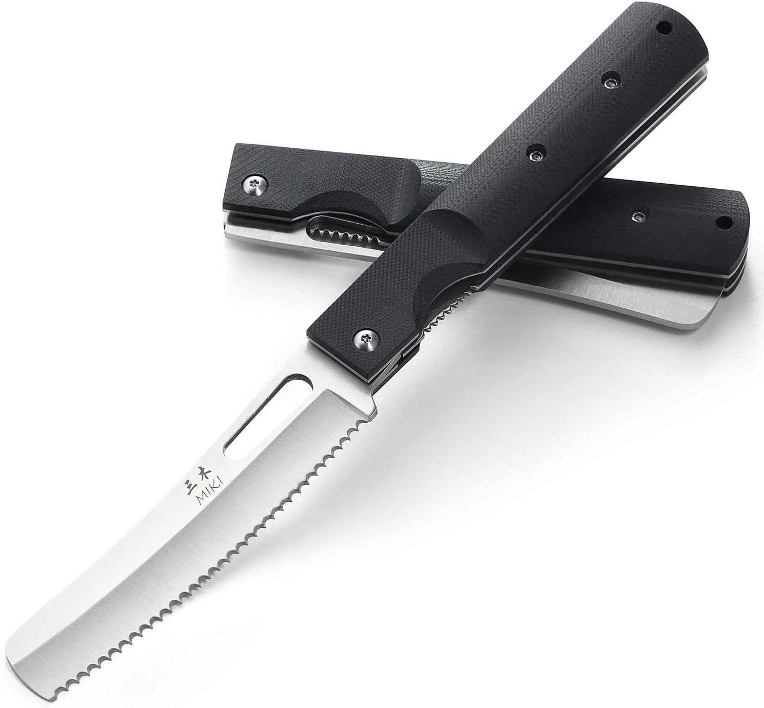 Miki 440A Stainless Steel Blade Japanese Kitchen Chef Folding Pocket Knife for Outdoor Camping Cooking,Folding Serrated Knife, Bread Knife