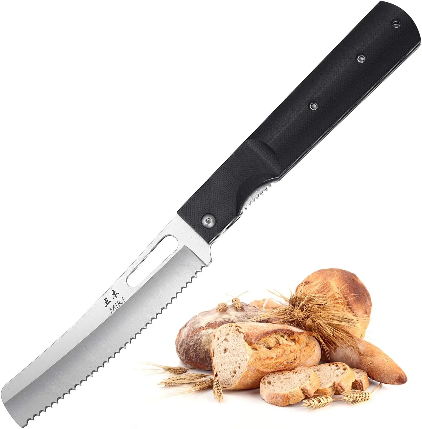 Miki 440A Stainless Steel Blade Japanese Kitchen Chef Folding Pocket Knife for Outdoor Camping Cooking,Folding Serrated Knife, Bread Knife