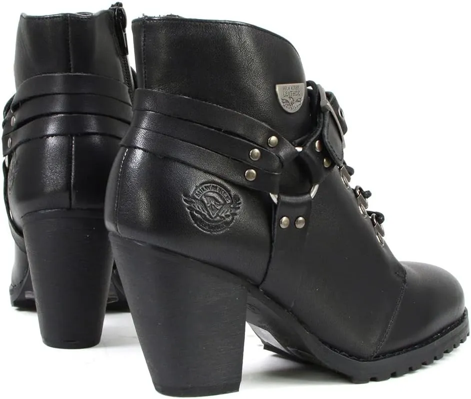Milwaukee Leather MBL9458 Women's Premium Black Leather Fashion Casual Boots w/Classic Harness Ring - 7