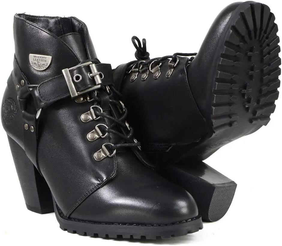 Milwaukee Leather MBL9458 Women's Premium Black Leather Fashion Casual Boots w/Classic Harness Ring - 7