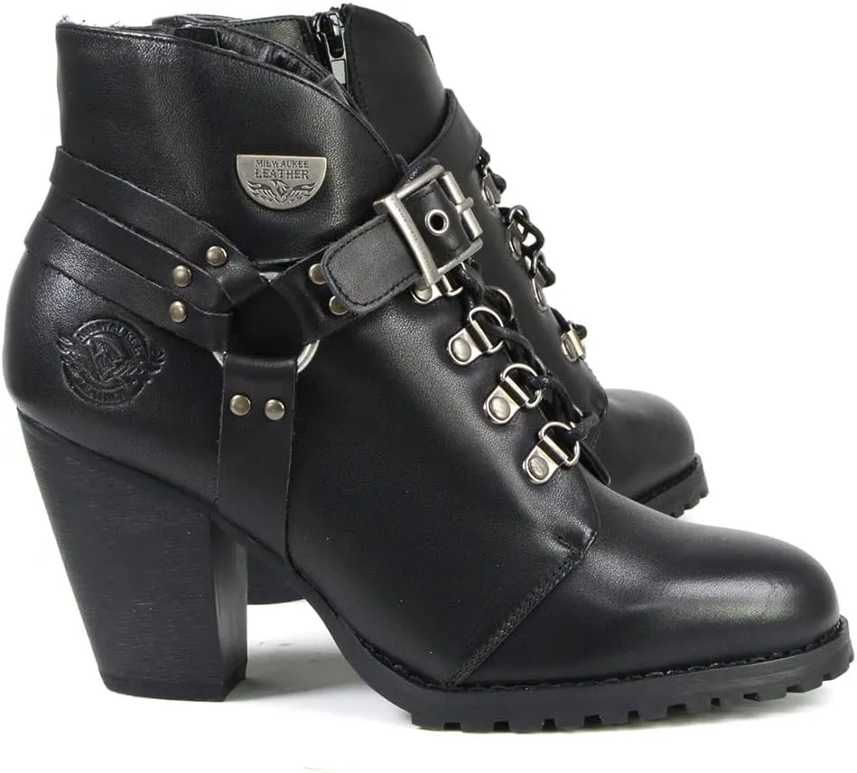 Milwaukee Leather MBL9458 Women's Premium Black Leather Fashion Casual Boots w/Classic Harness Ring - 7