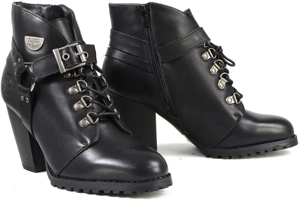 Milwaukee Leather MBL9458 Women's Premium Black Leather Fashion Casual Boots w/Classic Harness Ring - 7
